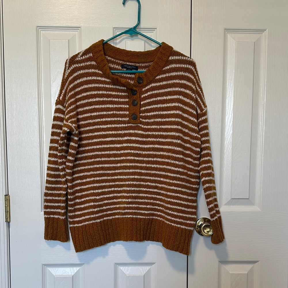 American Eagle Outfitters Brown and Cream Striped Henley Sweater